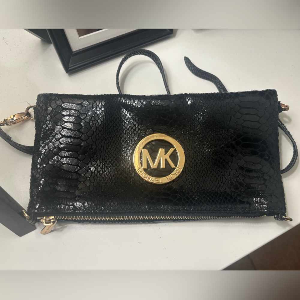 Michael Kors Black and Gold Snakeskin Clutch